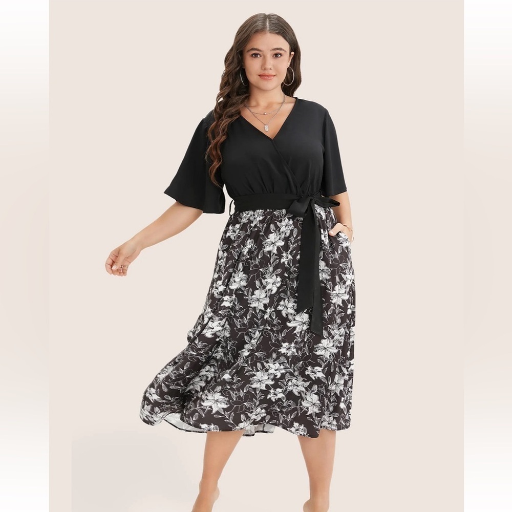 BloomChic Plus Size Floral Patchwork Pocket Belt Surplice Neck Ruffle Hem Dress